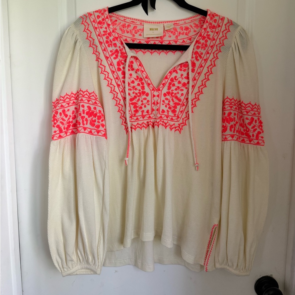 Anthropologie Cream Embellished Tie Front Blouse